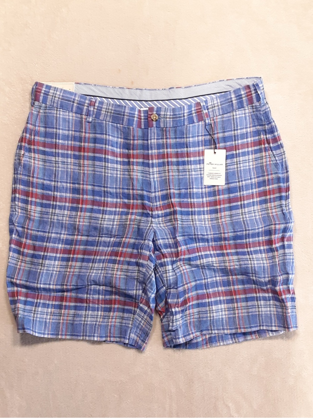 Peter Millar Mens SeaSide Linen Shorts 38 Atlantic Blue Plaid Inseam 9” Inseam